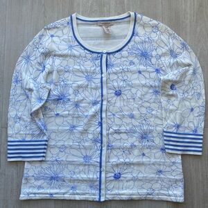 Covington Women’s Large Blue Floral Cardigan 3/4 Sleeve Cotton Rayon Lightweight